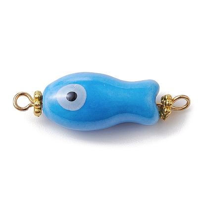 Handmade Porcelain Connector Charms, Fish Links with Golden Tone Iron Double Loops