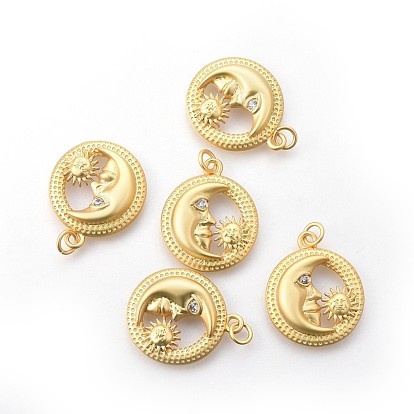Brass Pendants, with Micro Pave Cubic Zirconia, Long-Lasting Plated, Flat Round with Moon & Sun