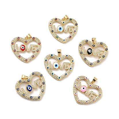 Rack Plating Brass Micro Pave Clear Cubic Zirconia Pendants, with Enamel, Cadmium Free & Lead Free, Heart with Evil Eye & Word Love, Real 18K Gold Plated