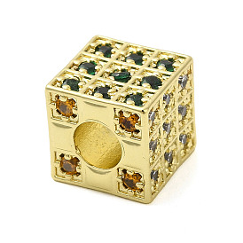 Rack Plating Brass Cubic Zirconia European Beads, Large Hole Beads, Long-Lasting Plated, Cadmium Free & Lead Free, Cube