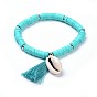 Bracelets élastiques faits à la main de perles heishi en pâte polymère, avec les accessoires en laiton, pampilles en perles de rocaille et pampilles de coton