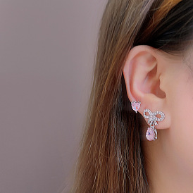 Pink Zircon Heart Stud Earrings and Ear Cuff Set with Butterfly Bowknot Design