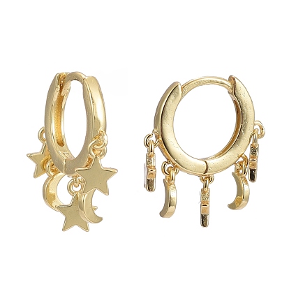 Brass Huggie Hoop Earrings, Long-Lasting Plated, Star and Moon
