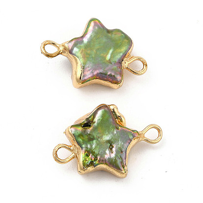 Baroque Natural Keshi Pearl Pendants, Star Charms, with Brass Double Loops, Dyed, Green
