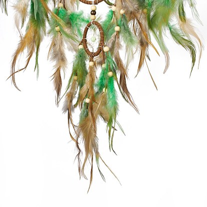 Tela/red tejida de hierro con adornos colgantes de plumas, con cuentas de plástico y madera, cubierto con cordón de cuero, plano y redondo