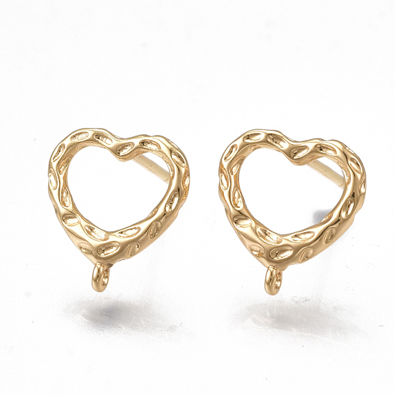 Brass Stud Earring Findings, with Loop, Nickel Free, Real 18K Gold Plated, Heart