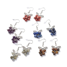 Gemstone Beaded Heart Butterfly Dangle Earrings, 304 Stainless Steel Jewelry for Women