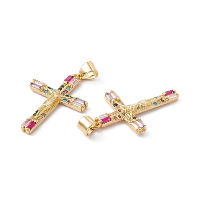 Rack Plating Brass Micro Pave Cubic Zirconia Pendants,  Cadmium Free & Nickel Free & Lead Free, Real 18K Gold Plated, Crucifix Cross