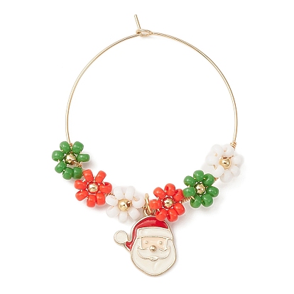 Christmas Theme Alloy Enamel Wine Glass Charms, with 316 Surgical Stainless Steel Hoop Earring Findings and Glass Seed Bead
