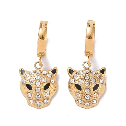 Aretes colgantes de argolla de leopardo con diamantes de imitación y esmalte, chapado en oro 304 joyas de acero inoxidable para mujer