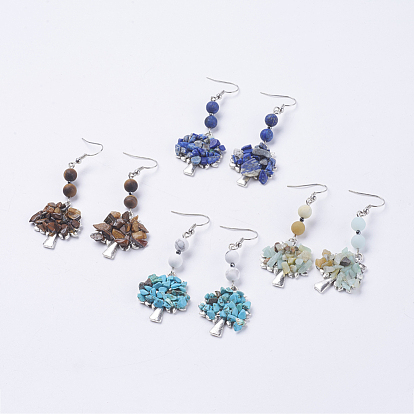 Gemstone Dangle Earrings, with Brass Earring Hooks, Tibetan Style Pendants, Tree
