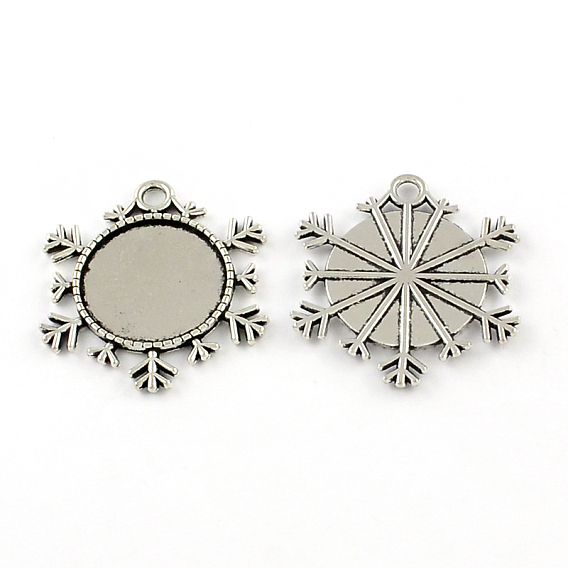 Tibetan Style Zinc Alloy Snowflake Pendant Cabochons Settings, Lead Free & Cadmium Free, Flat Round Tray: 25mm, 42.5x42.3x2mm, Hole: 4mm, about 69pcs/500g