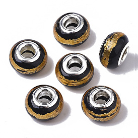 Resin European Beads, Large Hole Beads, with Brass Cores and Golden Foil, with Silver Foil Stripe, Rondelle, Platinum