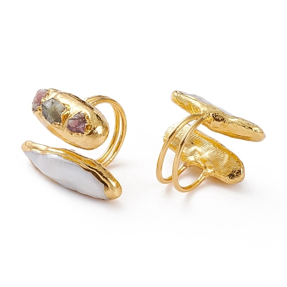 Adjustable Natural Tourmaline & Pearl Cuff Rings Open Rings, with Golden Plated Brass Findings, Oval