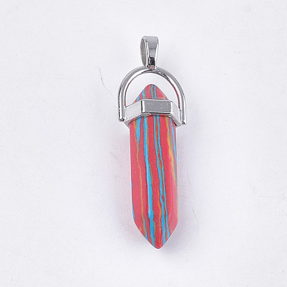 Synthetic Malachite Pendants, Double Terminated Pointed Pendants, with Alloy Findings, Bullet, Platinum