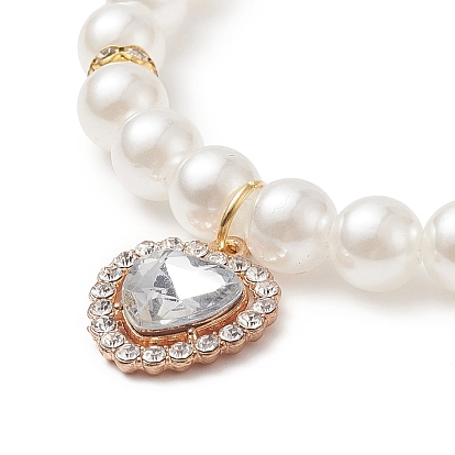 Pulsera elástica con cuentas redondas de perlas acrílicas con dijes de corazón de diamantes de imitación de aleación para mujer