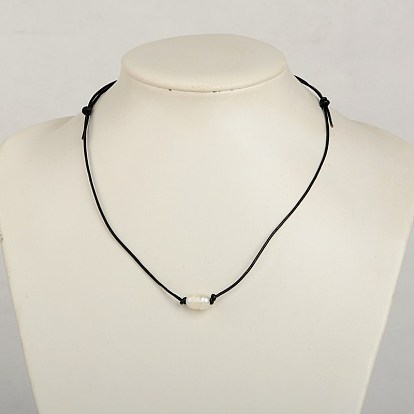 Freshwater Pearl Beaded Necklaces, with Cowhide Leather Cord, 26 inch 