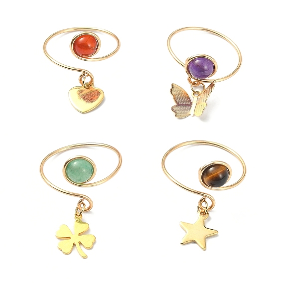 4Pcs 4 Style Natural Mixed Gemstone Open Cuff Rings Set, Copper Wire Wrap Rings with Brass Charms, Heart & Butterfly & Heart & Clover