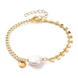 Bracelets à maillons en perles de keshi en perles baroques naturelles, avec des chaînes en laiton de trottoir, 304 fermoirs pinces de homard en acier inoxydable et breloques rondes plates, cœur, blanc