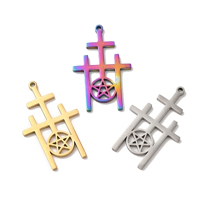 Ion Plating(IP) 304 Stainless Steel Pendant, Triple Cross with Star Charm