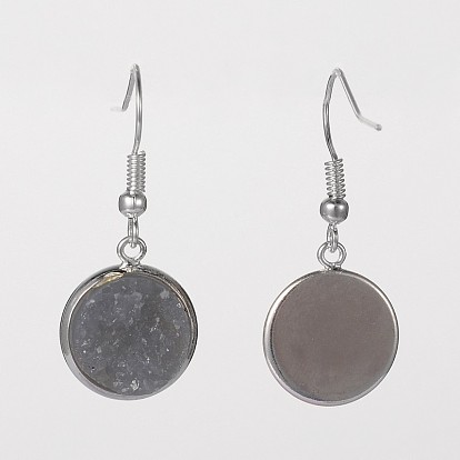 Silver Color Plated Flat Round Brass Druzy Resin Dangle Earrings, 34mm, Pin: 0.7mm