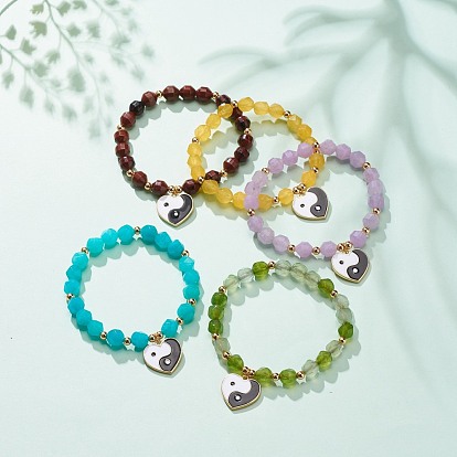 Natural Gemstone Stretch Bracelet, Alloy Enamel Heart with Yin Yang Charm Bracelet for Women