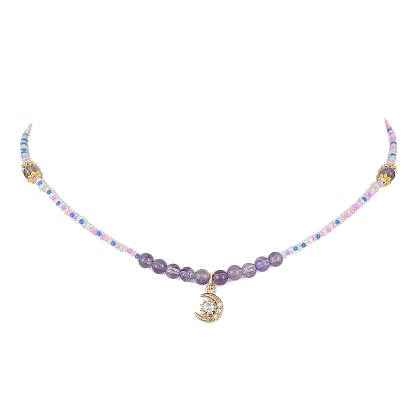 Collier pendentif lune en laiton micro pavé de zircones cubiques, collier de perles de pierres précieuses naturelles mélangées et de graines de verre