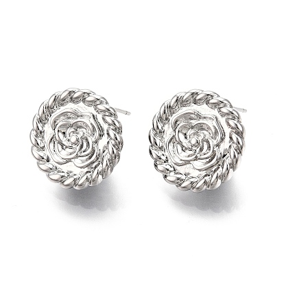 Flat Round with Flower Pattern Brass Stud Earring Findings, with Vertical Loops, Nickel Free