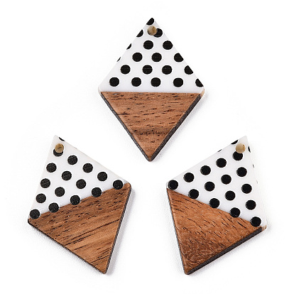 Printed Opaque Resin & Walnut Wood Pendants, Rhombus Charm with Polka Dot Pattern