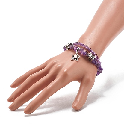 Bracelet multi-rangs de perles de pierre naturelle mélangées, Bracelet double couche à breloque papillon pour adolescente femme, argent antique