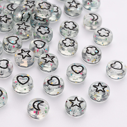 Perles acryliques transparentes transparentes, avec de la poudre de paillettes, plat rond avec lune noire & coeur & fleur & étoile