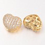 Hollow Heart Brass Micro Pave Cubic Zirconia Beads, 11x14x8mm, Hole: 3mm