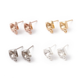201 Stainless Steel Stud Earring Findings, with 316 Surgical Stainless Steel Pins and Vertical Loops, For Pointed Back Rhinestone, Square
