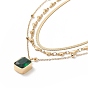 Green Glass Rectangle Charms Triple Layer Necklace, Ion Plating(IP) 304 Stainless Steel Heart Link & Satellite & Herringbone Chains Necklace for Women