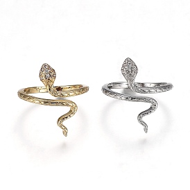 Brass Micro Pave Clear Cubic Zirconia Cuff Rings, Open Rings, Wide Band Rings, Cadmium Free & Lead Free, Snake