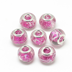 Perles européennes en lampwork faits à la main, avec de la poudre de paillettes à l'intérieur et des doubles cœurs en laiton, Perles avec un grand trou   , rondelle, platine