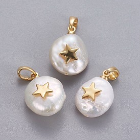 Natural Cultured Freshwater Pearl Pendants, with Brass Findings, Nuggets with Star, Long-Lasting Plated