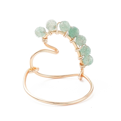 Natural Gemstone Beaded Heart Finger Ring, Golden Plated Copper Wire Wrapped Jewelry for Women