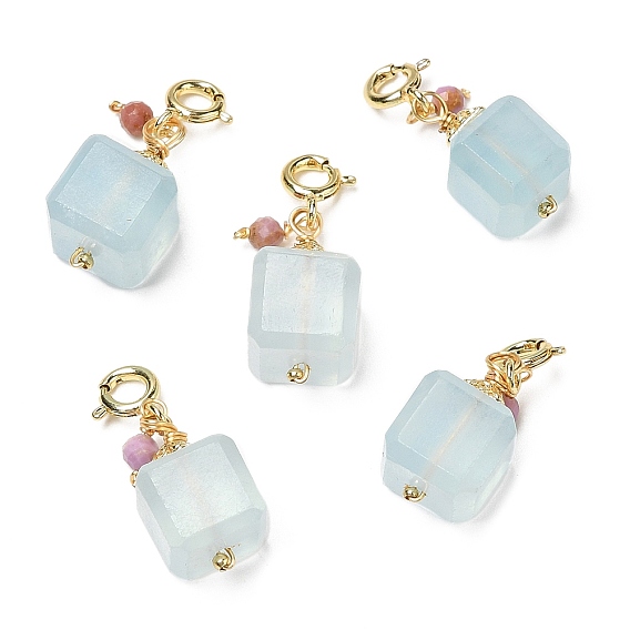 Natural Aquamarine Cuboid Pendant Decorations, with Round Natural Lepidolite and Brass Spring Ring Clasps