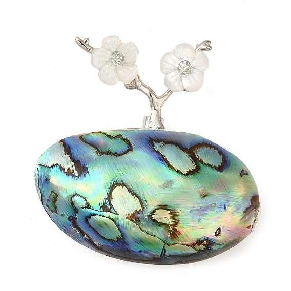 Natural Paua Shell Brooches, with Brass Branch & Natural White Shell & Rhinestone, Oval with Flower Brooch for Women