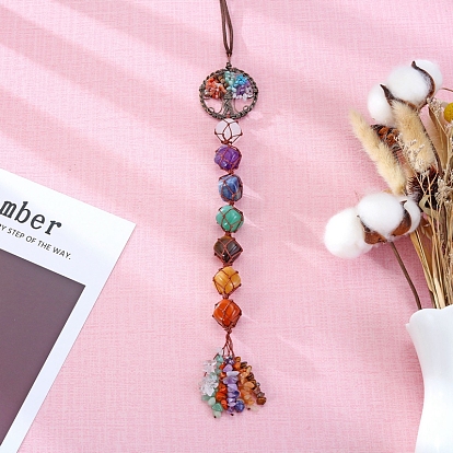 Chakra Theme Big Pendant Decorations, Hand Knitting with Natural Gemstone Beads and Stone Chips Tassel, Flat Round with Tree of Life
