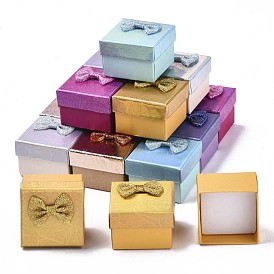 Cardboard Ring Boxes, with Bowknot Ribbon Outside and White Sponge Inside, Square