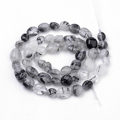 Naturel noir quartz rutile brins de perles, ovale