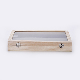 Boîtes de présentation collier en bois, avec verre et oreiller de velours, rectangle