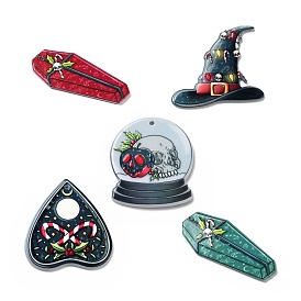 Printed  Acrylic Pendants, for Christmas, Talking Board & Crystal Ball & Coffin & Witch Hat Charm