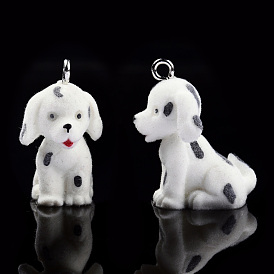 Opaque Resin Pendants, with Platinum Tone Iron Loops, Flocky Dalmatian Dog Charms
