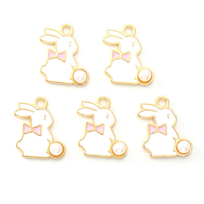 Light Gold Plated Alloy Enamel Pendants, Rabbit with Pearl