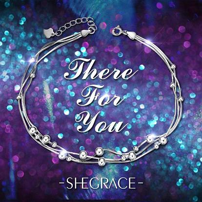 SHEGRACE 925 Sterling Silver Anklet with Triple Layered Chain and Beads