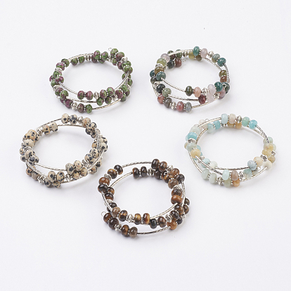 Mixed Stone Beads Wrap Bangles, 3-Loop, with Tibetan Style Bead, Tibetan Style Alloy Spacer and Brass Tube Beads