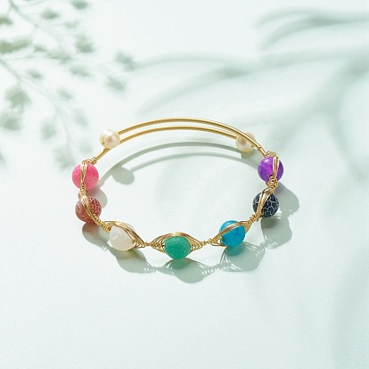 Bracelet de manchette perlé rond en agate patinée naturelle (teint), bijoux en fil de cuivre plaqué or pour femme